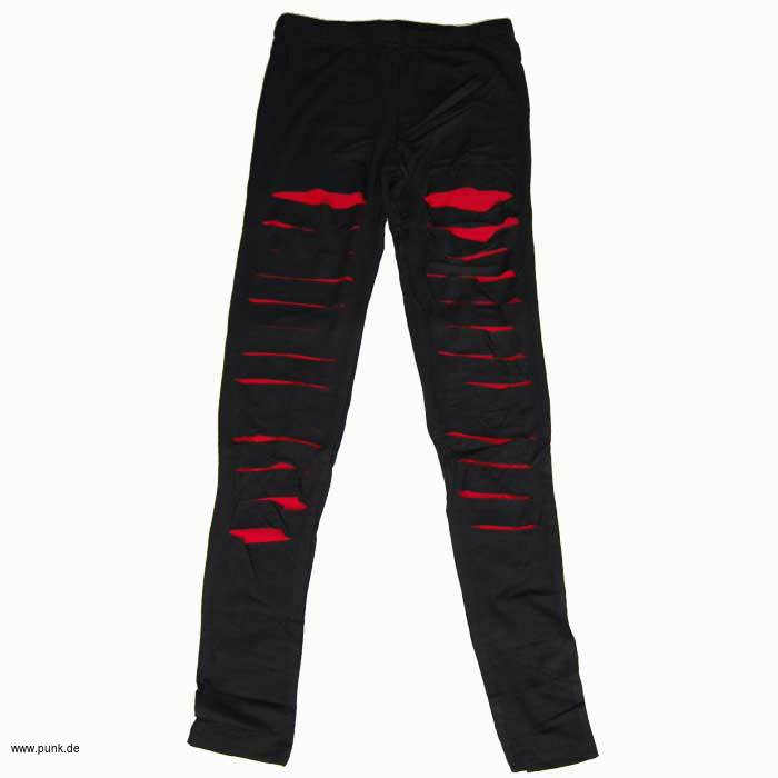 : Schwarze geschlitze Leggings mit rotem Innenfutter