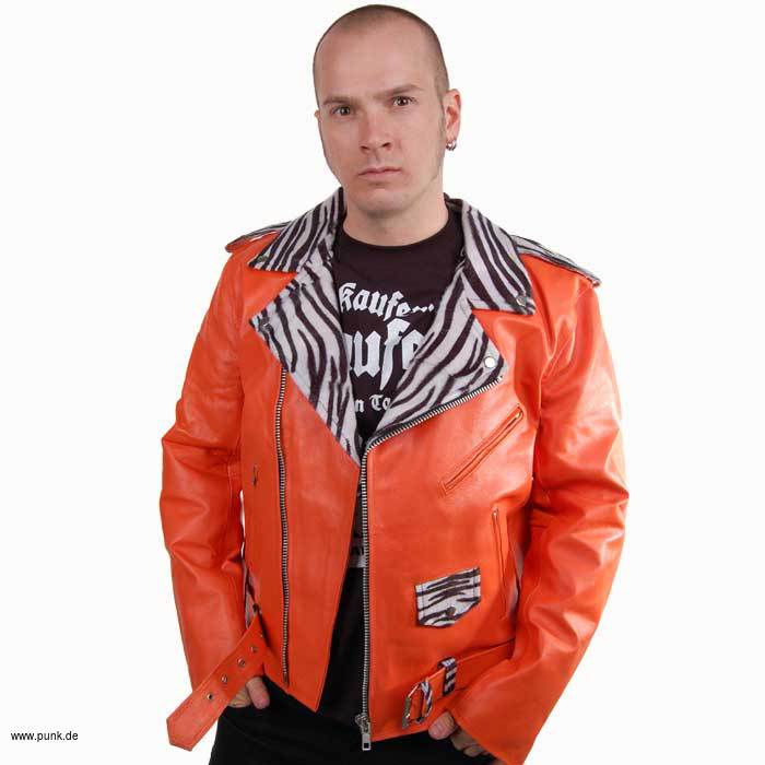 Sexypunk: Lederjacke, orange Zebrakragen