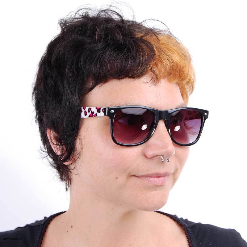 : Wayfarer Sonnenbrille mit Leorahmen, weiß-rosa
