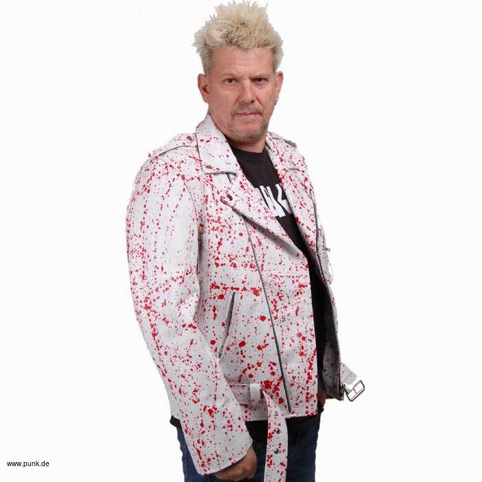 Sexypunk: Weiße de luxeLederjacke, mit roten Blutspritzern
