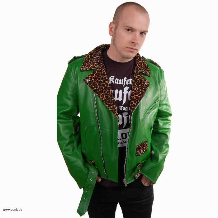 Sexypunk: Lederjacke Tony, grün mit Leoplüsch