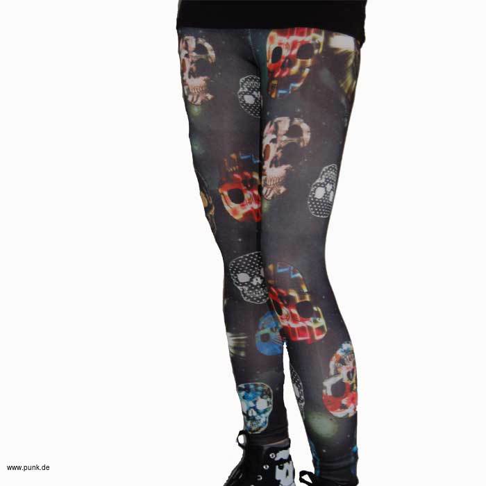 : Schwarze Leggings mit bunten Totenköpfen